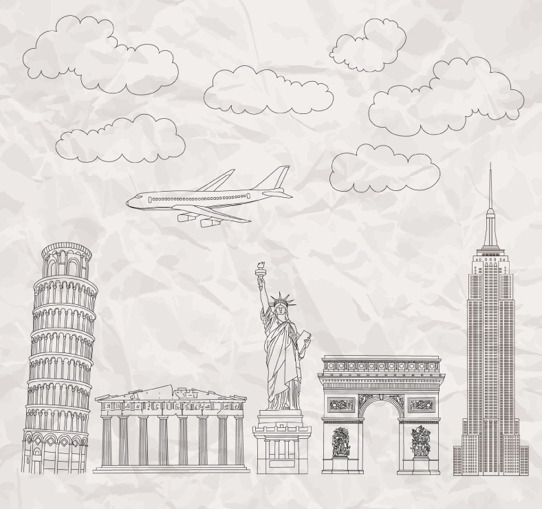 5 famous buildings painted vector material
