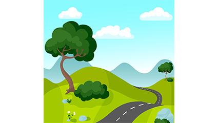 Scenic mountain road between cartoon vector material