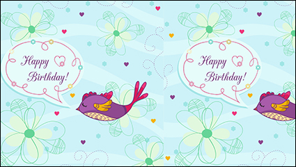 Painted flowers and birds birthday card vector material